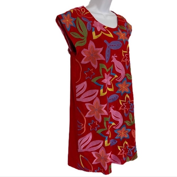 Andree Embroidered Floral Linen Blend Shift Dress M Red - Picture 2 of 11